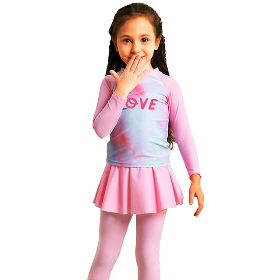 Odeerbi 4-8 Years Kids Girls Long Sleeve Rash Guard Swimsuits Summer Beach Two Pieces Athletic Training Swimsuit Surfing Swimwear Sunscreen Seaside Swim Leggings with Skirt Set
