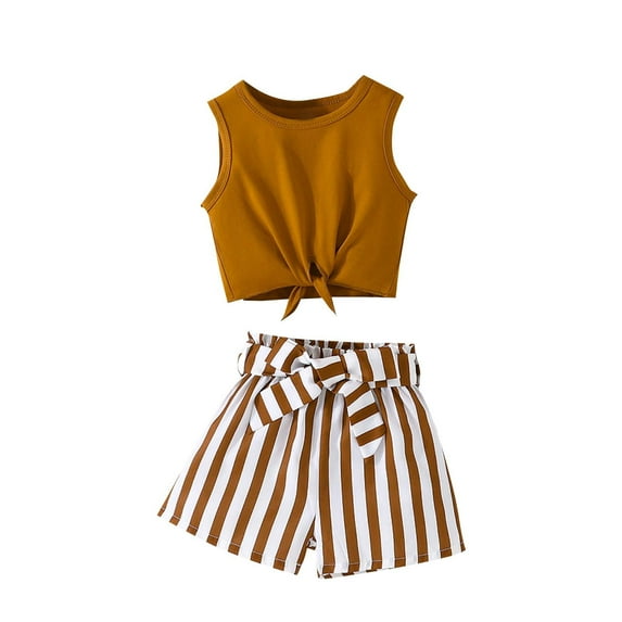 Odeerbi 4-8 Years Kids Girls Summer Outfits Front Tie Knot Tank Tops Striped Shorts Two-piece Set Casual Solid Color Shorts Set Kids Girls Clothes