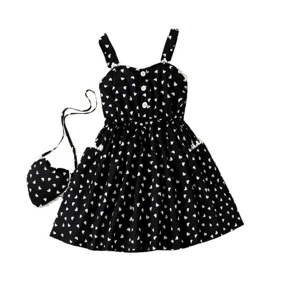 Odeerbi 4-8Y Kids Girls Valentine's Day Cute Dresses Cotton Dress Spring Summer Love Printed Spell Lace Dress With Bag Set A-line Dress Sweethearts Dress Baby Clothes Black
