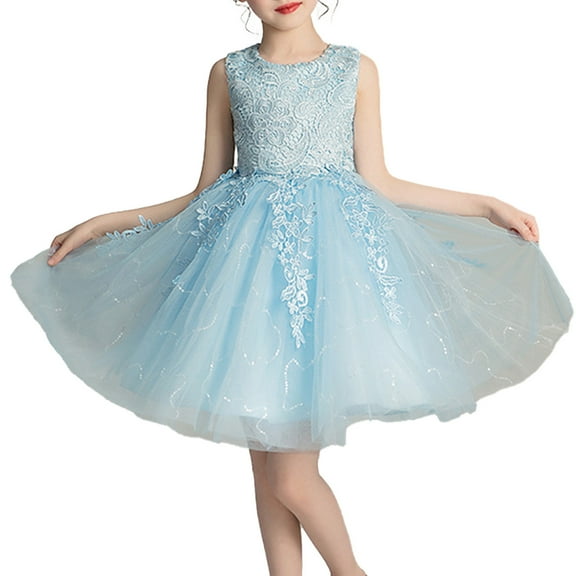 Odeerbi 4-9Y Toddler Girls Cute Princess Dresses Flower Tulle Dress Pageant Birthday Party Wedding Formal Dress Long Dance Evening Maxi Gown Baby Clothes Blue