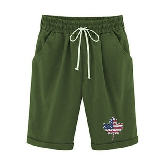 Odeerbi 4th of July Patriotic Cotton Linen Bermuda Shorts for Women 2025 Fashion Printed Tight High Waist Shorts with Pocket Elasticity Sports Half Shorts Pants Navy