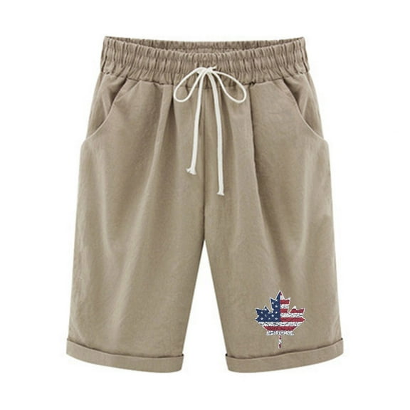 Odeerbi 4th of July Patriotic Cotton Linen Bermuda Shorts for Women 2025 Fashion Printed Tight High Waist Shorts with Pocket Elasticity Sports Half Shorts Pants Navy