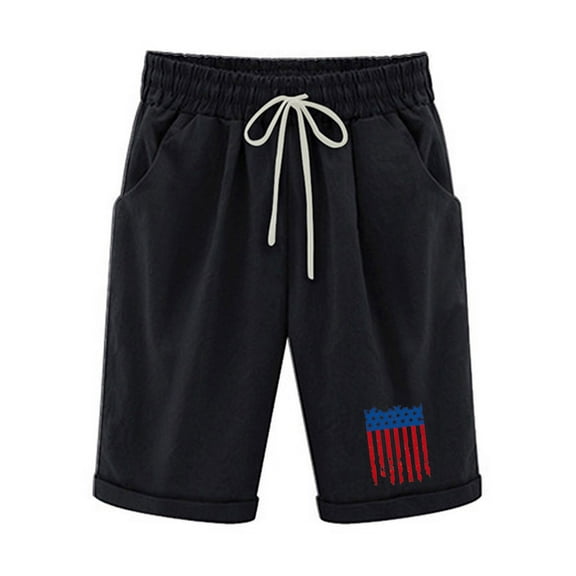 Odeerbi 4th of July Patriotic Cotton Linen Bermuda Shorts for Women 2025 Fashion Printed Tight High Waist Shorts with Pocket Elasticity Sports Half Shorts Pants Sky Blue