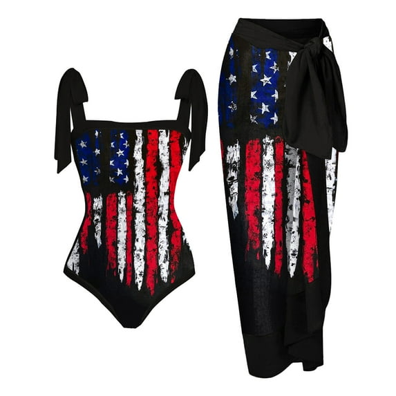 Odeerbi 4th of July Patriotic Summer Maxi Dress for Women 2025 Two-piece Sets Swimwear Sexy One-piece Bikini Lace Up Independence Day Printed Swimsuit Long Skirt Black