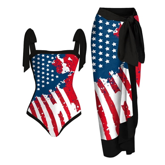 Odeerbi 4th of July Patriotic Summer Maxi Dress for Women Two-piece Sets Swimwear Sexy One-piece Bikini Lace Up Independence Day Printed Swimsuit Long Skirt Blue