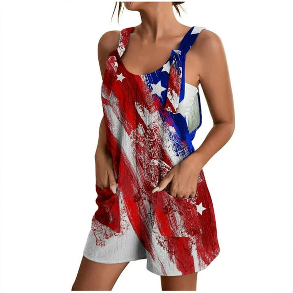 Odeerbi 4th of July Patriotic Bib Overall Shorts for Women Fashion Summer Print 2025 Casual Sleeveless Suspender Short Jumpsuit Black