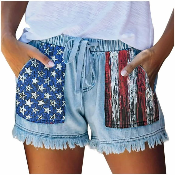 Odeerbi 4th of July Patriotic Jean Shorts for Women 2025 Summer Mid Waist Elastic Waist Bandage Denim Shorts with Pockets Light Blue
