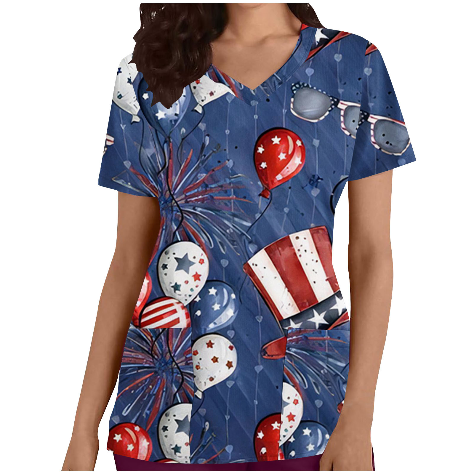Odeerbi 4th of July Patriotic Scrub Tops for Women Fashion 2024 Casual Solid Round Neck Short Sleeve Loose T Shirt Tops with Pockets Navy