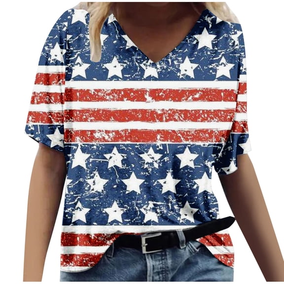 Odeerbi 4th of July Patriotic Shirt for Women Fashion Middle Sleeve V-Neck Print 2025 Casual Summer Tops Blue