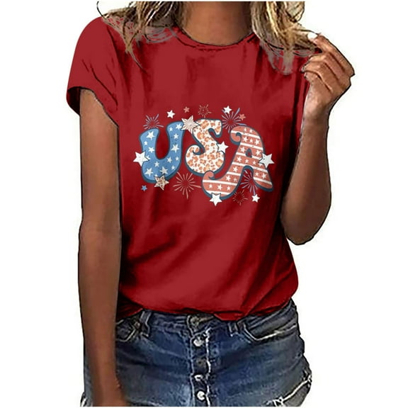 Odeerbi 4th of July Patriotic Shirt for Women Independence Day Printed 2025 Casual Tops Short Sleeve Crewneck Shirt Red
