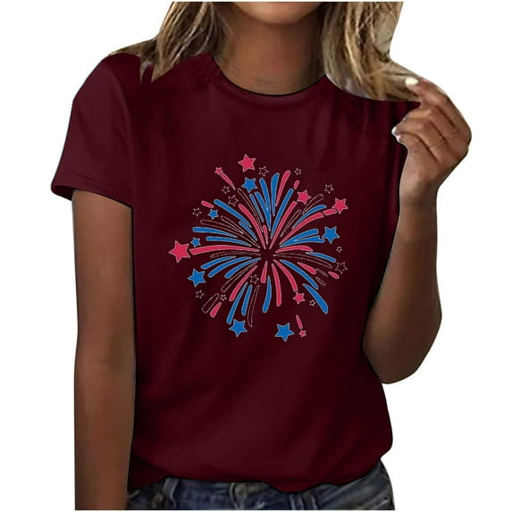 Odeerbi 4th of July Patriotic Shirt for Women Loose Fit Shirts Summer 2025 Casual Independence Day Printed Round Neck Short Sleeve Top Burgundy