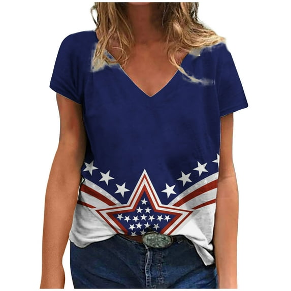 Odeerbi 4th of July Patriotic Shirt for Women V-Neck Independence Day Print Blouses 2025 Fashion Comfortable Tops Multicolor