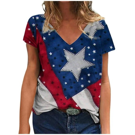 Odeerbi 4th of July Patriotic Shirt for Women V-Neck Independence Day Print Blouses 2025 Fashion Comfortable Tops Multicolor