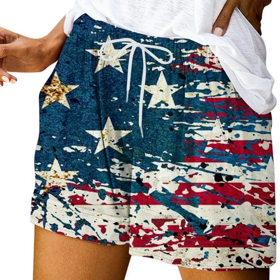 Odeerbi 4th of July Patriotic Shorts for Women 2024 Casual Printed Loose Drawstring Shorts with Pockets Red