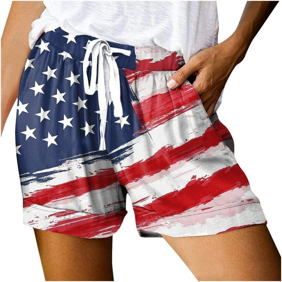 Odeerbi 4th of July Patriotic Shorts for Women 2025 Casual Independence Day Printed Loose Shorts Lacing Drawstring Short Pants with Pockets Blue