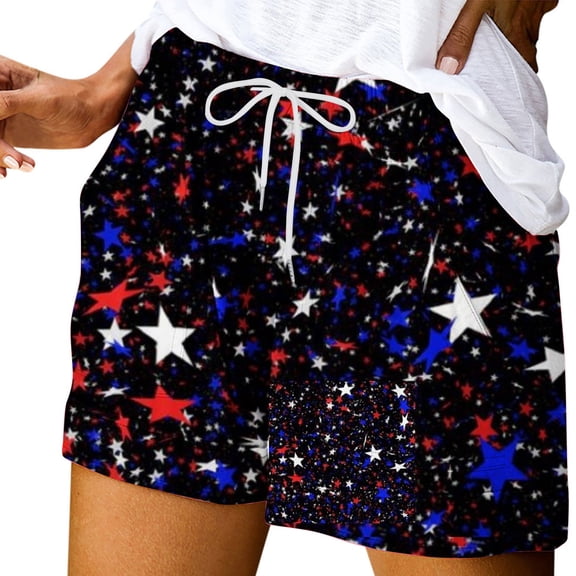 Odeerbi 4th of July Patriotic Shorts for Women 2025 Casual Printed Loose Drawstring Shorts with Pockets Red
