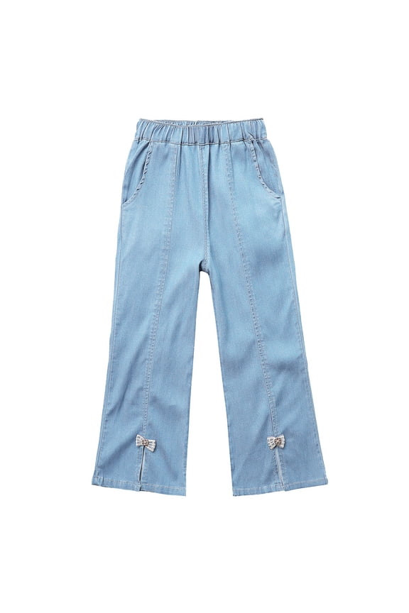5-12 Years Kids Boys Girls Flared Jeans Slit Bow Denim Pants Elastic Waistband Casual Cowboy Pants