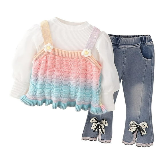 Odeerbi 5-12 Years Kids Girls Cotton Outfits Gradient Tulle Long Sleeve Tops Bow Jeans Two-piece Set Mesh Flower Casual Loungewear Kids Girls Clothes