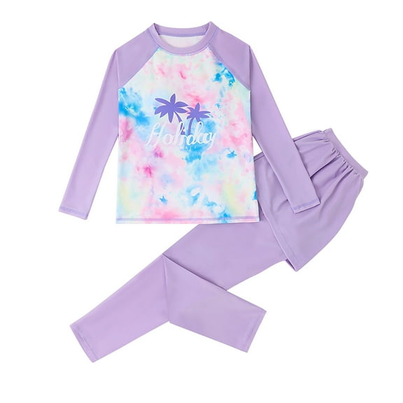 Odeerbi 5-12 Years Kids Girls Long Sleeve Rash Guard Swimsuits Summer Beach Two Pieces Athletic Training Swimsuit Hawaiian Surfing Swimwear Sunscreen Seaside Swim Leggings Set