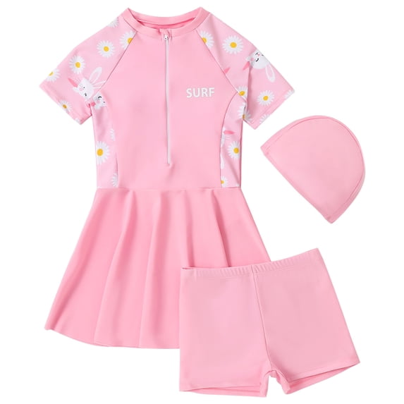 Odeerbi 5-12 Years Kids Girls Three Pieces Swim Dress with Swim Cap Set Daisy Training Swimdress with Shorts Set Beachwear Cute Short Sleeve Seaside Surfing Rash Guard Swimsuit Set