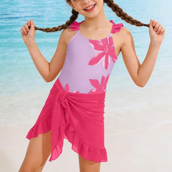 Odeerbi 5-12 Years Kids Teen Girls One-Piece Swimsuit with Sarong Coverups Set Beach Hawaiian Flower Print Swimwear Summer Cute Bathing Suit