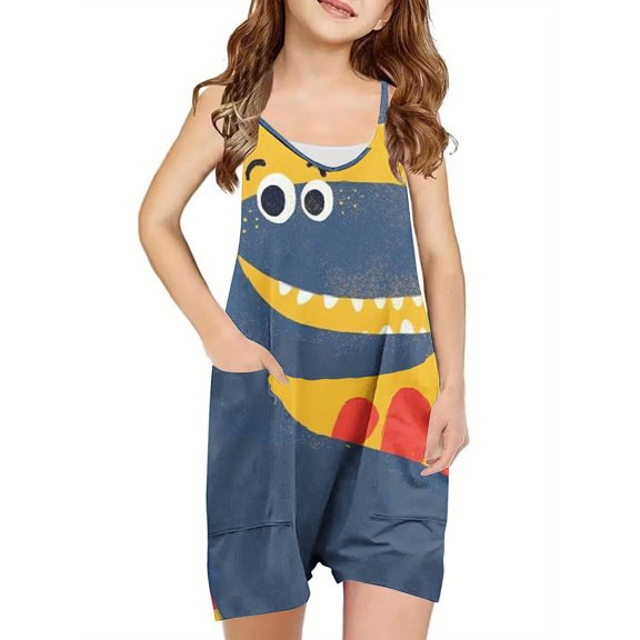 Odeerbi 5-13 Years Kids Girls Summer Jumpsuit Cute Dinosaur Print Camisole Romper Casual Breathable Comfortable Suspender Overalls Bib Overall Shorts with Pockets