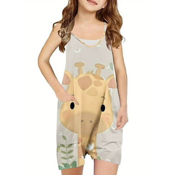 Odeerbi 5-13 Years Kids Girls Summer Jumpsuit Cute Giraffe Print Camisole Romper Casual Breathable Comfortable Suspender Overalls Bib Overall Shorts with Pockets