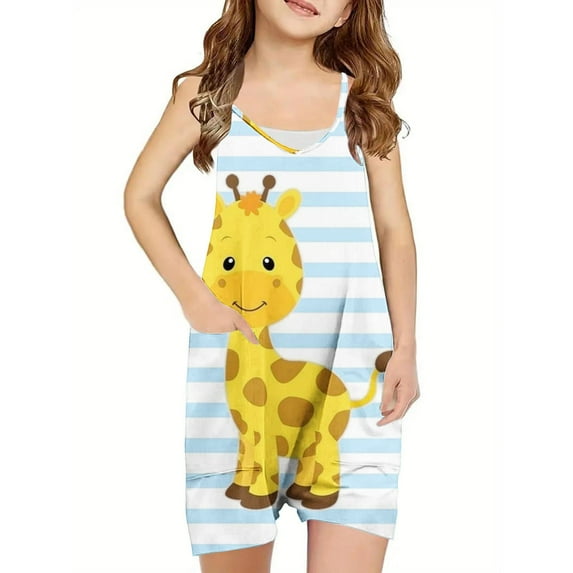 Odeerbi 5-13 Years Kids Girls Summer Jumpsuit Cute Giraffe Print Camisole Romper Casual Breathable Comfortable Suspender Overalls Bib Overall Shorts with Pockets