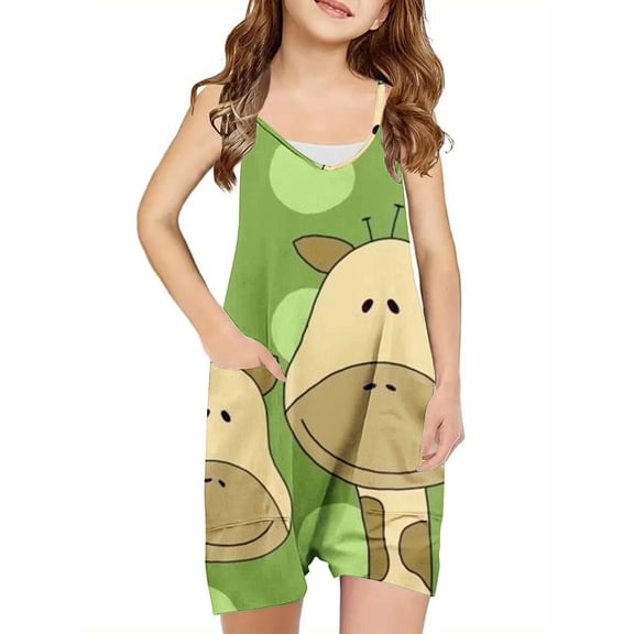 Odeerbi 5-13 Years Kids Girls Summer Jumpsuit Cute Print Camisole Romper Casual Breathable Comfortable Suspender Overalls Bib Overall Shorts with Pockets