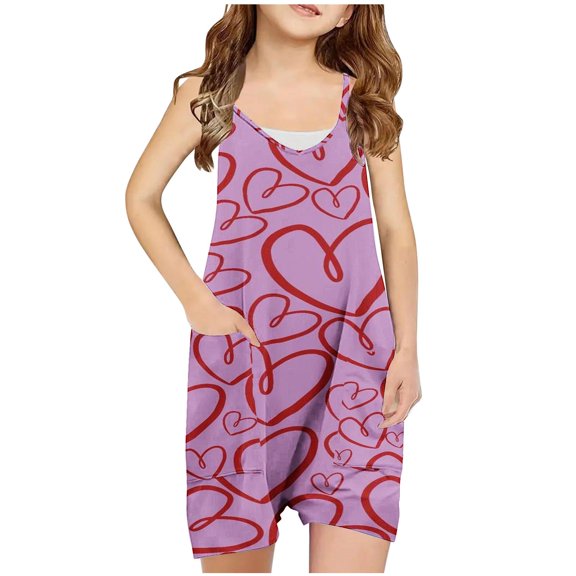 Odeerbi 5-13 Years Kids Girls Summer Jumpsuit Love Print Camisole Romper Casual Breathable Comfortable Suspender Overalls Bib Overall Shorts with Pockets