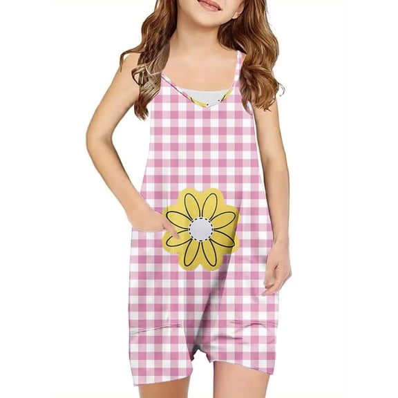 Odeerbi 5-13 Years Kids Girls Summer Jumpsuit Plaid Flower Print Camisole Romper Casual Breathable Comfortable Suspender Overalls Bib Overall Shorts with Pockets