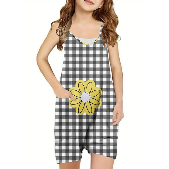 Odeerbi 5-13 Years Kids Girls Summer Jumpsuit Plaid Flower Print Camisole Romper Casual Breathable Comfortable Suspender Overalls Bib Overall Shorts with Pockets
