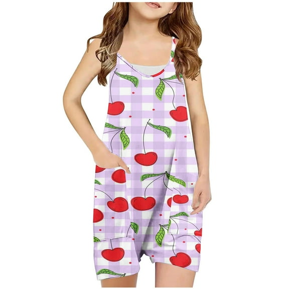 Odeerbi 5-13 Years Kids Girls Summer Jumpsuit Plaid Strawberry Print Camisole Romper Breathable Comfortable Suspender Overalls Bib Overall Shorts with Pockets