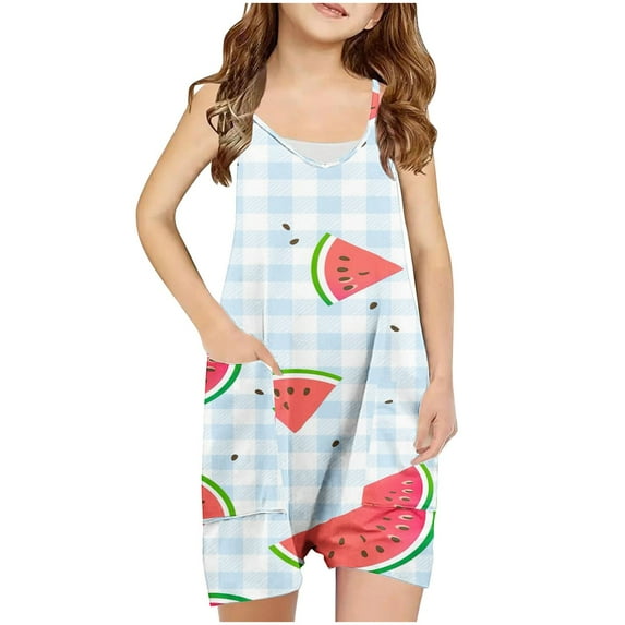 Odeerbi 5-13 Years Kids Girls Summer Jumpsuit Plaid Watermelon Print Camisole Romper Breathable Comfortable Suspender Overalls Bib Overall Shorts with Pockets