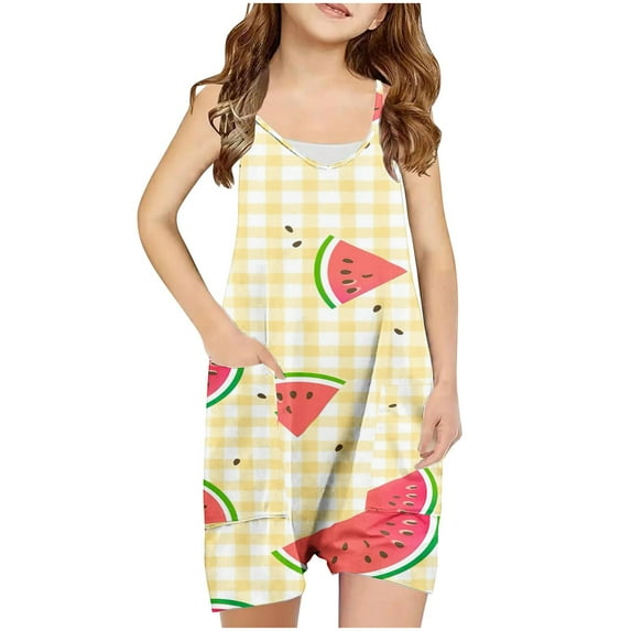 Odeerbi 5-13 Years Kids Girls Summer Jumpsuit Plaid Watermelon Print Camisole Romper Breathable Comfortable Suspender Overalls Bib Overall Shorts with Pockets