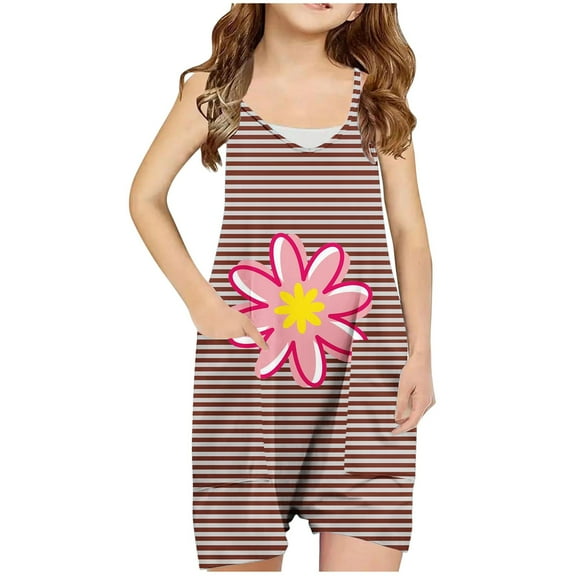 Odeerbi 5-13 Years Kids Girls Summer Jumpsuit Striped Flower Print Camisole Romper Casual Breathable Comfortable Suspender Overalls Bib Overall Shorts with Pockets