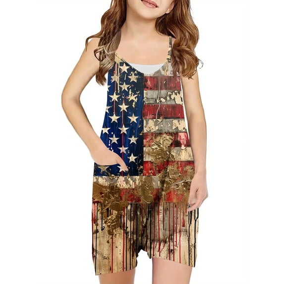 Odeerbi 5-13 Years Kids Girls Summer Shorts Jumpsuit Independence Day Camisole Romper Casual Breathable Comfortable Suspender Overalls Bib Overall Shorts