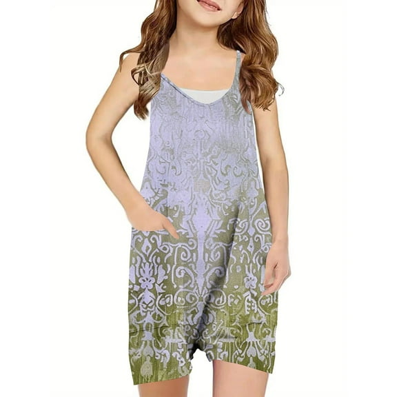 Odeerbi 5-13 Years Kids Girls Summer Shorts Jumpsuit Retro Print Camisole Romper Casual Breathable Comfortable Suspender Overalls Bib Overall Shorts