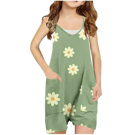 Odeerbi 5-13 Years Teen Girls Summer Jumpsuit Cute Daisy Print Camisole Romper Casual Breathable Comfortable Suspender Overalls Bib Overall Shorts with Pockets