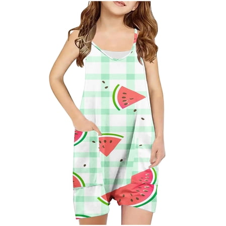 Odeerbi 5-13 Years Teen Girls Summer Jumpsuit Plaid Watermelon Print Camisole Romper Breathable Comfortable Suspender Overalls Bib Overall Shorts with Pockets