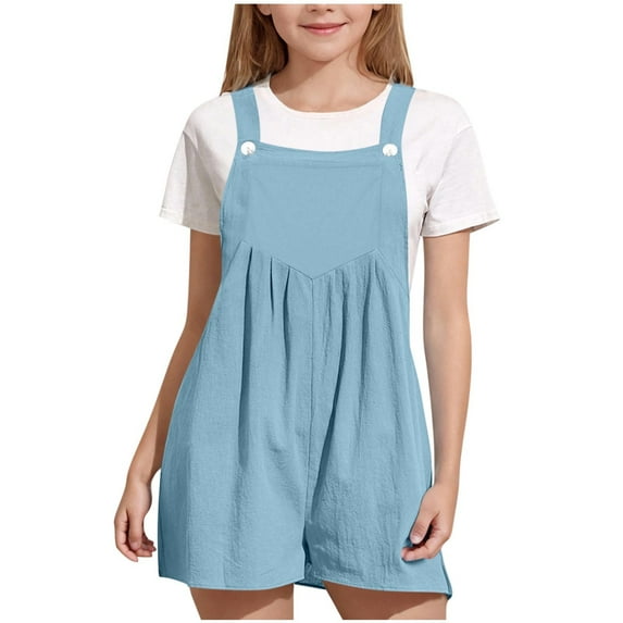 Odeerbi 5-14 Years Kids Girls Summer Cotton Linen Jumpsuit Cute Solid Color Camisole Romper Casual Adjustable Waist Overalls Bib Overall Shorts with Pocket