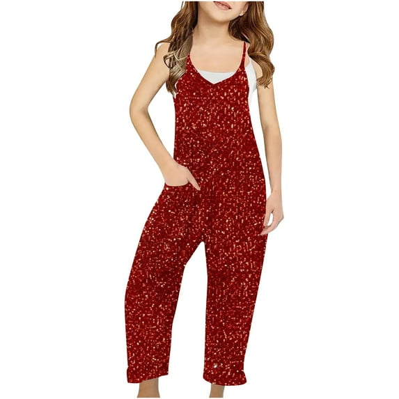 Odeerbi 5-14 Years Kids Girls Summer Jumpsuit Cute Camisole Romper Casual Overalls Bib Overall Pantss with Pockets