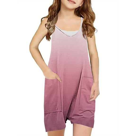 Odeerbi 5-14 Years Kids Girls Summer Jumpsuit Cute Gradient Camisole Romper Casual Breathable Comfortable Overalls Bib Overall Shorts with Pockets