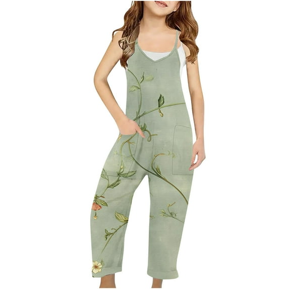 Odeerbi 5-14 Years Kids Girls Summer Jumpsuit Floral Print Camisole Romper Casual Overalls Bib Overall Pantss with Pockets
