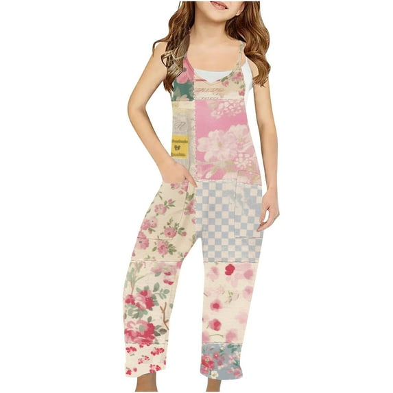 Odeerbi 5-14 Years Kids Girls Summer Jumpsuit Floral Print Camisole Romper Casual Overalls Bib Overall Pantss with Pockets