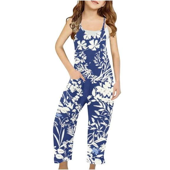 Odeerbi 5-14 Years Kids Girls Summer Jumpsuit Floral Print Camisole Romper Casual Overalls Bib Overall Pantss with Pockets