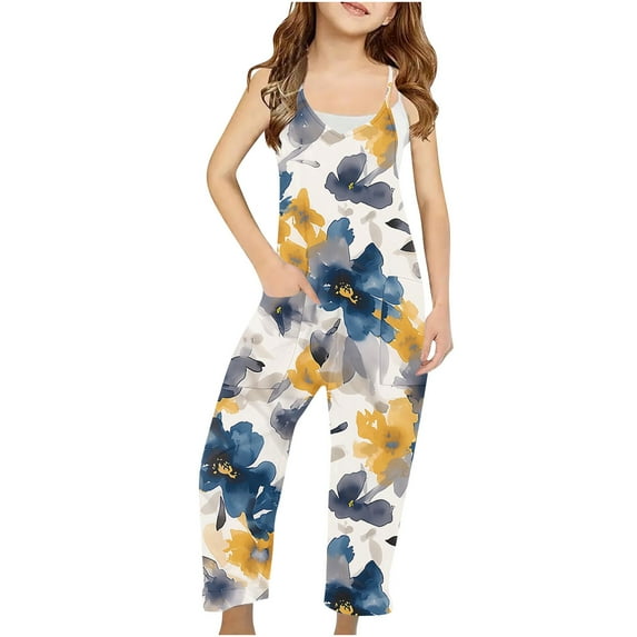 Odeerbi 5-14 Years Kids Girls Summer Jumpsuit Floral Print Camisole Romper Casual Overalls Bib Overall Pantss with Pockets
