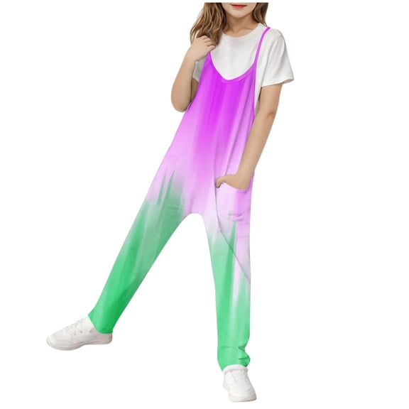 Odeerbi 5-14 Years Kids Girls Summer Jumpsuit Gradient Camisole Romper Spring Casual Breathable Comfortable Overalls Strap Bib Overall Pants Playsuit