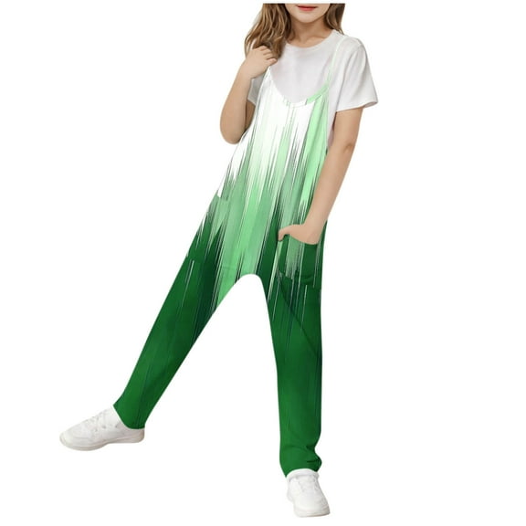 Odeerbi 5-14 Years Kids Girls Summer Jumpsuit Gradient Camisole Romper Spring Casual Breathable Comfortable Overalls Strap Bib Overall Pants Playsuit