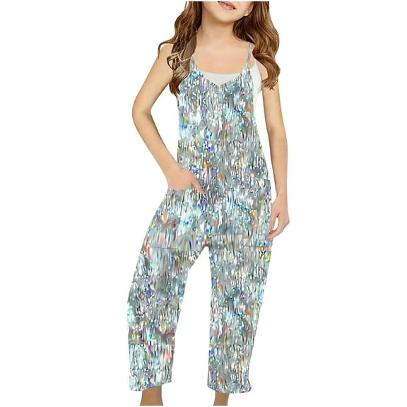 Odeerbi 5-14 Years Kids Girls Summer Jumpsuit Shiny Sparkly Print Camisole Romper Casual Overalls Bib Overall Pantss with Pockets